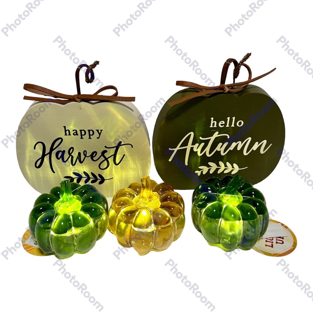 6 Pcs Assorted Mini Light Up Pumpkins Signs Rustic Fall Harvest Decor New